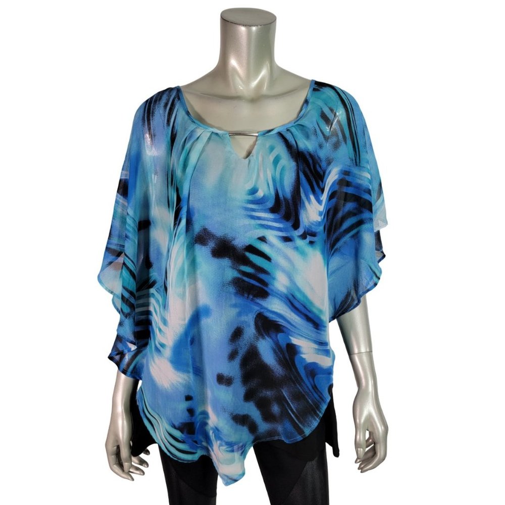 Avenue Poncho Top Plus Size 18/20 Stretch 2 Fer Crew Neck Flutter Sleeve Blue